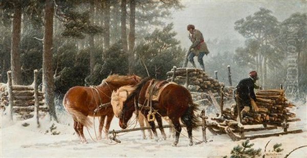 Holzfaller Im Winter Oil Painting by Arthur Johann Severin Nikutovski