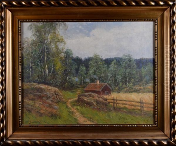 Landskapscen Med Stuga Oil Painting by Johan Severin Nilsson