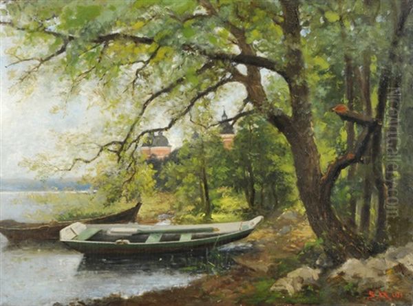 Ruderboote Am Ufer Mit Waldweg Oil Painting by Johan Severin Nilsson