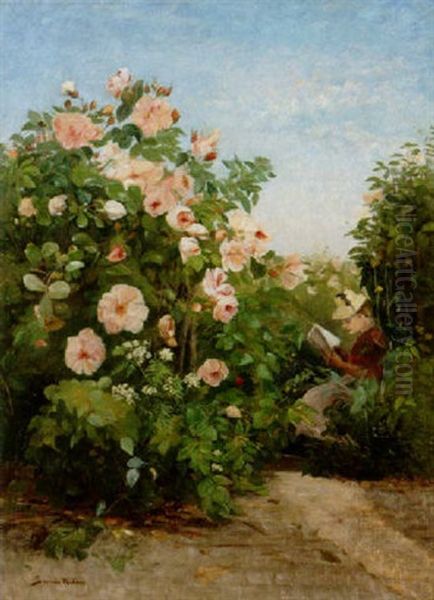 Lasande Kvinna I Rosentradgard Oil Painting by Johan Severin Nilsson