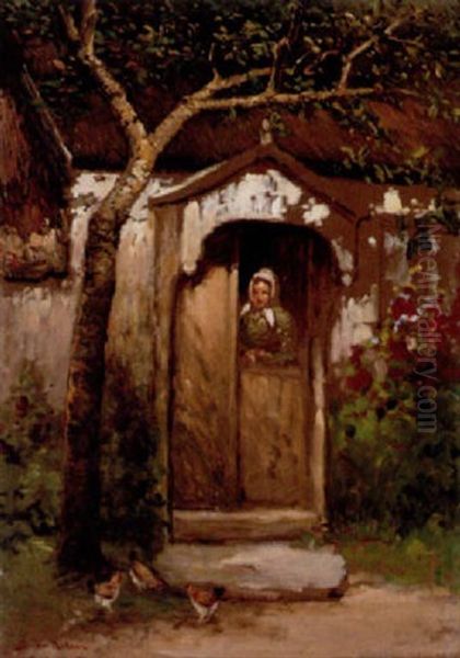 Gardsmotiv Med Flicka I Dorroppning - Halland Oil Painting by Johan Severin Nilsson