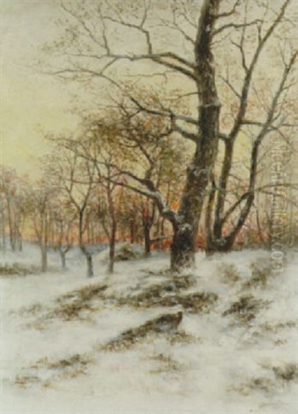 Landskap Med Trad - Vintermotiv I Aftonljus Oil Painting by Johan Severin Nilsson