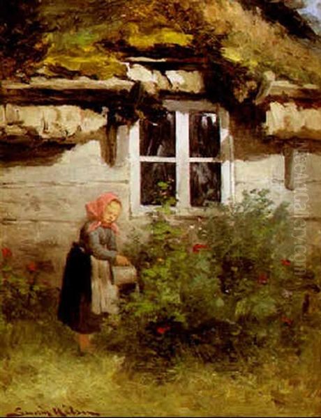 Liten Flicka Vattnar Rosenbuskar Oil Painting by Johan Severin Nilsson