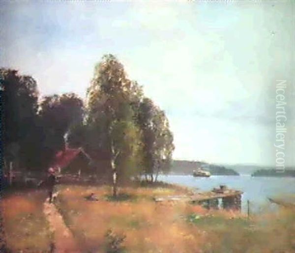 Utsikt Over Skargardsvik Med Angbat Oil Painting by Johan Severin Nilsson