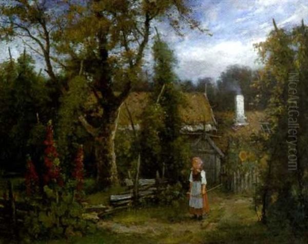 Flicka I Tradgard Oil Painting by Johan Severin Nilsson