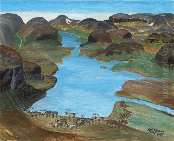 Landscape From The North Of Sweden With Reindeers Oil Painting by Nils Nilsson-Skum