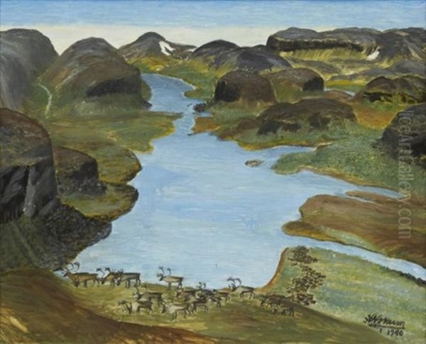Renhjord I Fjallandskap Oil Painting by Nils Nilsson-Skum