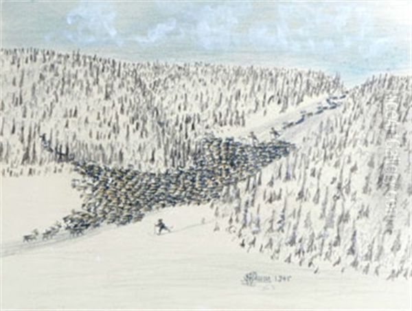 Renhjord Och Skidande Samer Oil Painting by Nils Nilsson-Skum