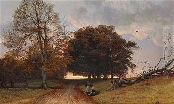 To Piger Pa En Landevej Ved Et Trae I Solnedgangen Oil Painting by Thorvald Simeon Niss