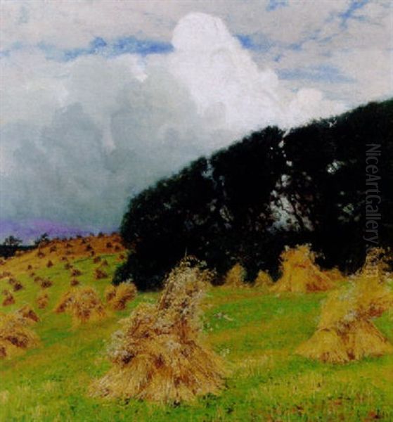 Korntraver Med Skovparti, I Baggrunden Drivende Skyer Oil Painting by Thorvald Simeon Niss