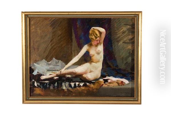 Auf Tigerfell Sitzender Weiblicher Akt Oil Painting by Rudolf Nissl