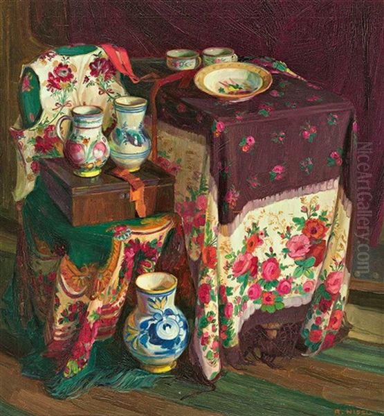 Stilleben Mit Siebenburger Stickereien Und Keramik Oil Painting by Rudolf Nissl
