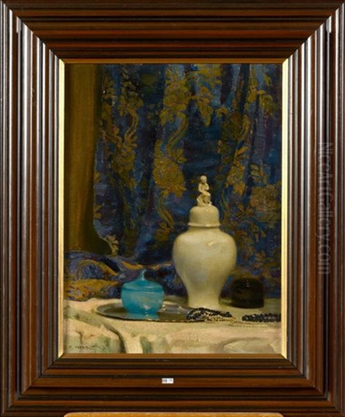 Nature Morte Au Vase Et Aux Colliers De Perles Oil Painting by Rudolf Nissl