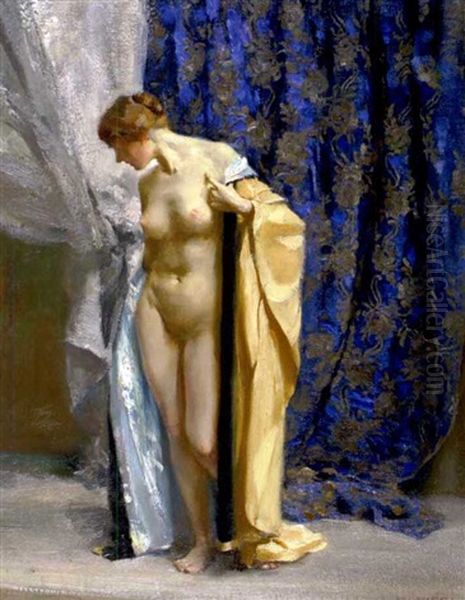A Nude With A Blue Curtain Oil Painting by Rudolf Nissl