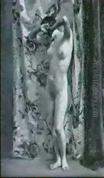 Weiblicher Akt, Stehend. Vor Germustertem Vorhang Oil Painting by Rudolf Nissl