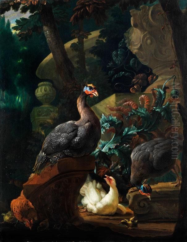 Perlhuhnpaar Mit Kuken Neben Distelblattern Vor Dunklerwaldlandschaft Mit Steinen Und Marmorvase Oil Painting by Abraham Bisschop Dordrecht