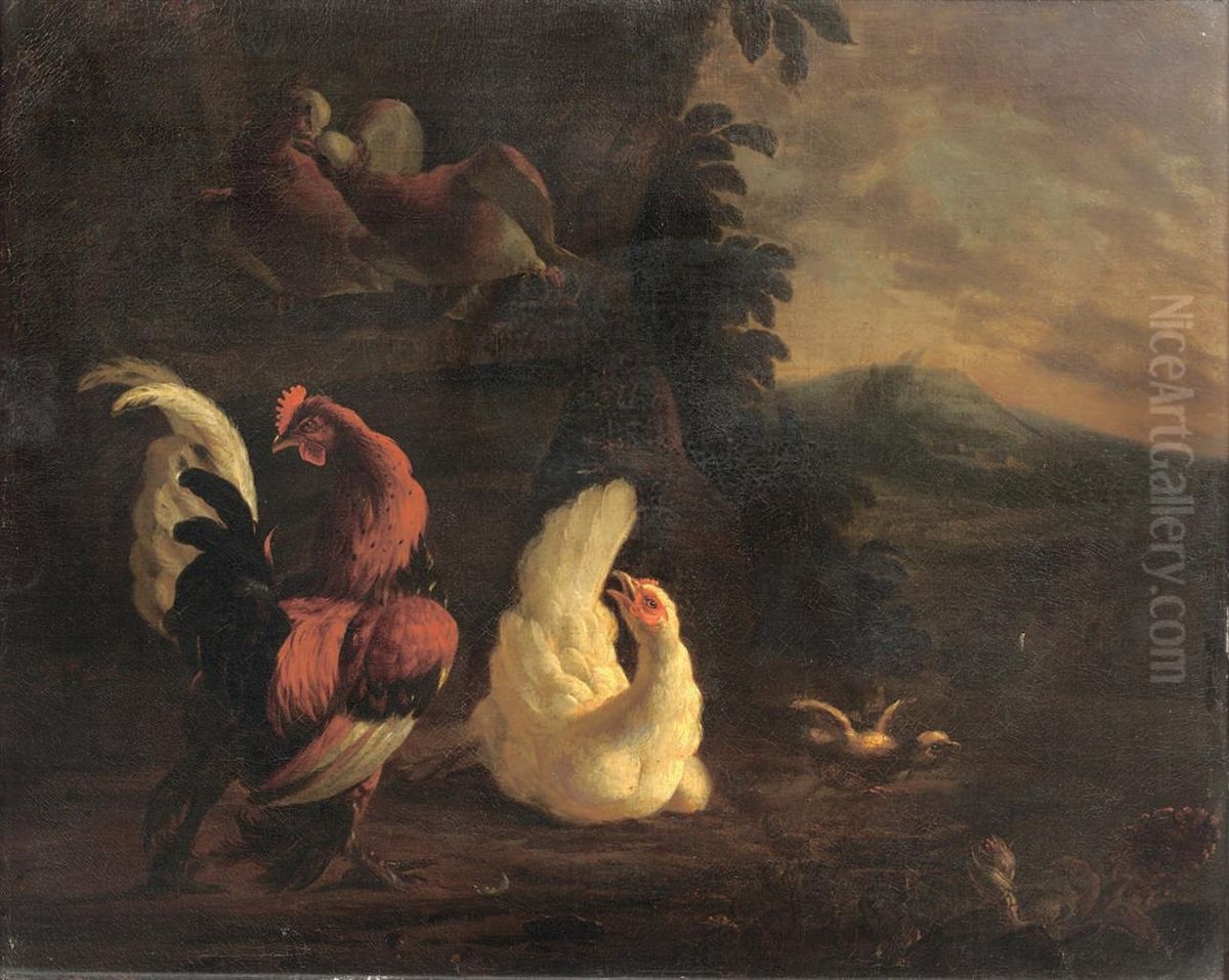 A Cockerel And Chickens In A Landscape Oil Painting by Abraham Bisschop Dordrecht