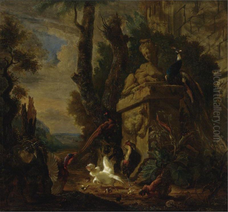 Still Life Of A Chicken, A Turkey, A Pheasant And A Goat In Anextensive Classical Landscape Oil Painting by Abraham Bisschop Dordrecht