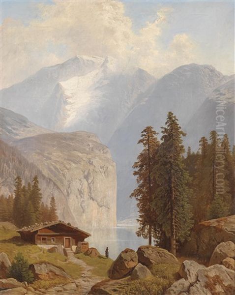 Gebirgssee Mit Blick Auf Den Watzmann (?) Oil Painting by Theodor (Wilhelm T.) Nocken