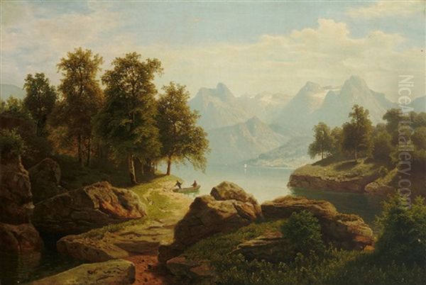 Blick Auf Den Vierwaldstatter See Mit Prachtvollem Gebirgshorizont Oil Painting by Theodor (Wilhelm T.) Nocken