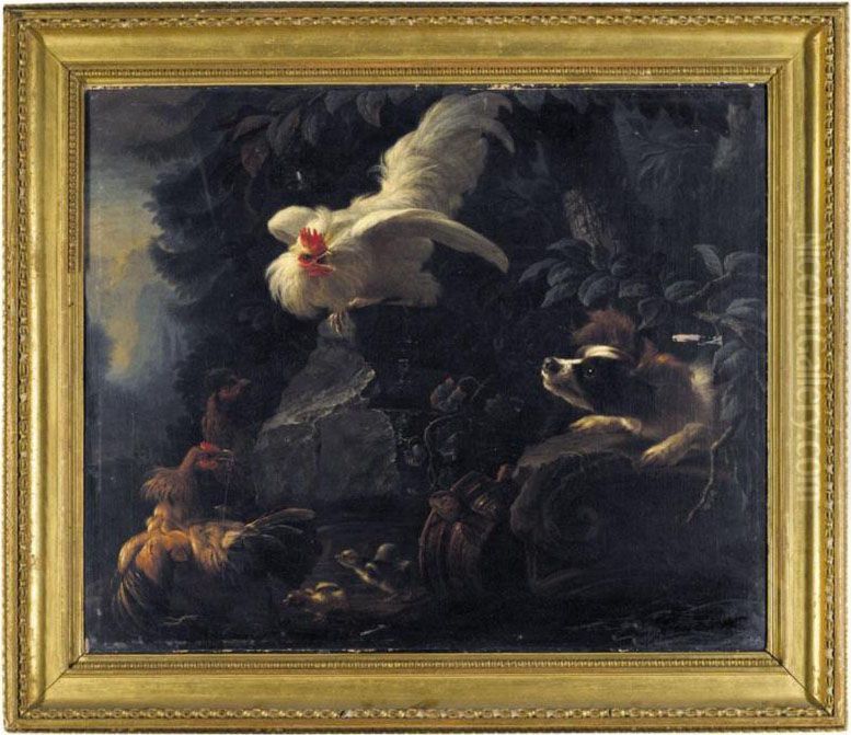 Landscape With A Spaniel Startling Chickens And Their Chicks Oil Painting by Abraham Bisschop Dordrecht