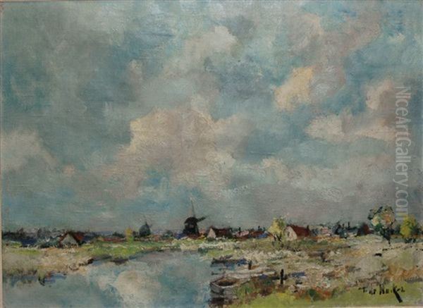Landscape With Windmills Oil Painting by Frans Francois Pierre Emile Nocker
