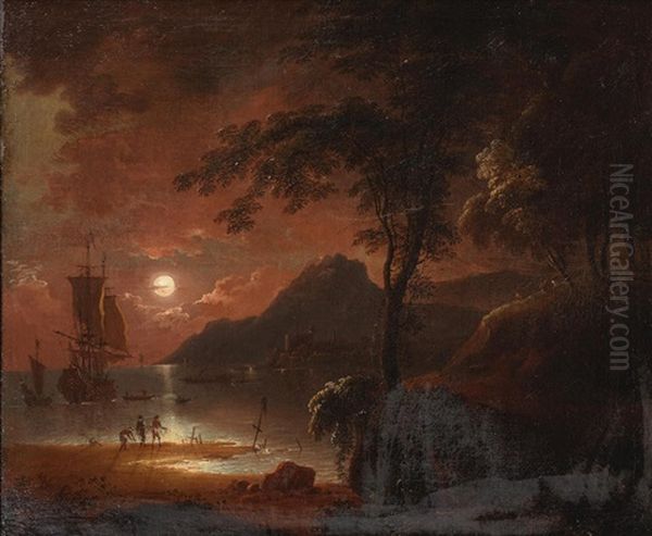 A Moonlit Harbour Scene Oil Painting by Noel, Alexandre Jean