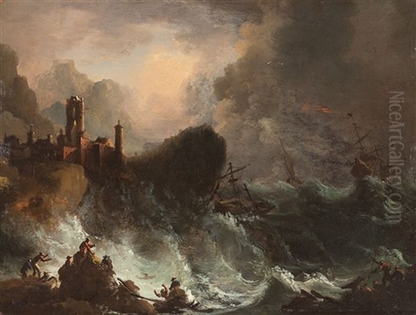 Sturmische See Mit Schiffbruchigen Vor Felsiger Kuste Oil Painting by Noel, Alexandre Jean