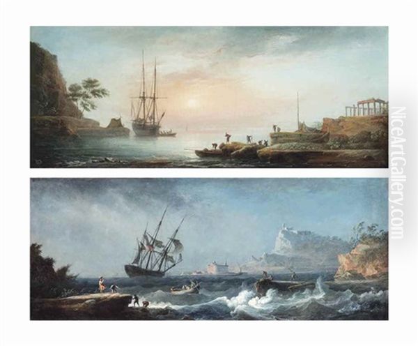 A Peaceful Anchorage In The Mediterranean At Dawn; And A French Merchantman And Other Shipping In Stormy Waters, A Fortified Town On The Shore Beyond Oil Painting by Noel, Alexandre Jean