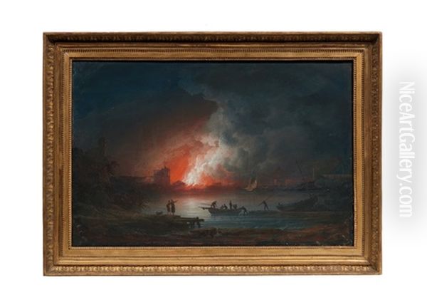 Incendie Pres D'un Port, Des Personnages Au Premier Plan Oil Painting by Noel, Alexandre Jean