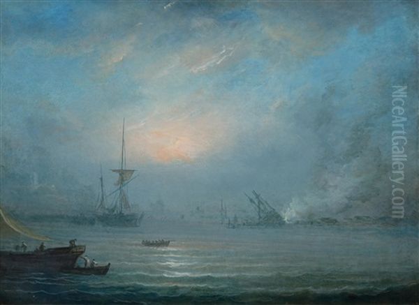 A Nocturnal Battle Scene At Sea Oil Painting by Noel, Alexandre Jean