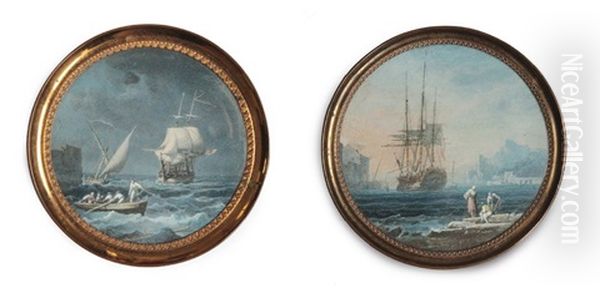 Marines Animees De Trois-mats Et Personnages A L'entree De Ports Oil Painting by Noel, Alexandre Jean