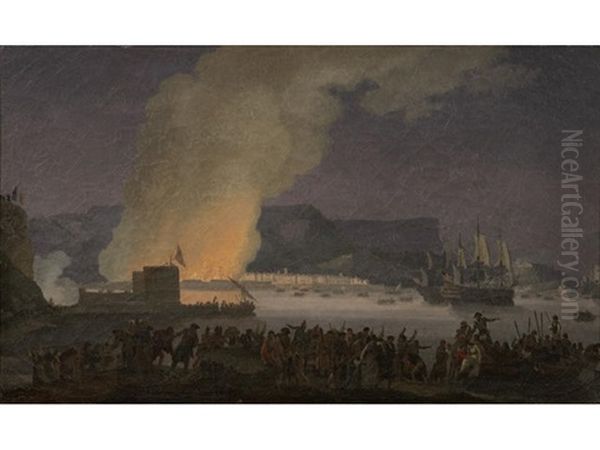 A Capriccio Of A Moonlit Mediterranean Harbour With Figures Watching A Town Fire Oil Painting by Noel, Alexandre Jean