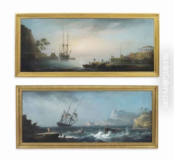 A Mediterranean Costal Landscape At Dawn With A Man-of-war... (+ A Mediterranean Costal Landscape With A Man-of-war...; Pair) Oil Painting by Noel, Alexandre Jean