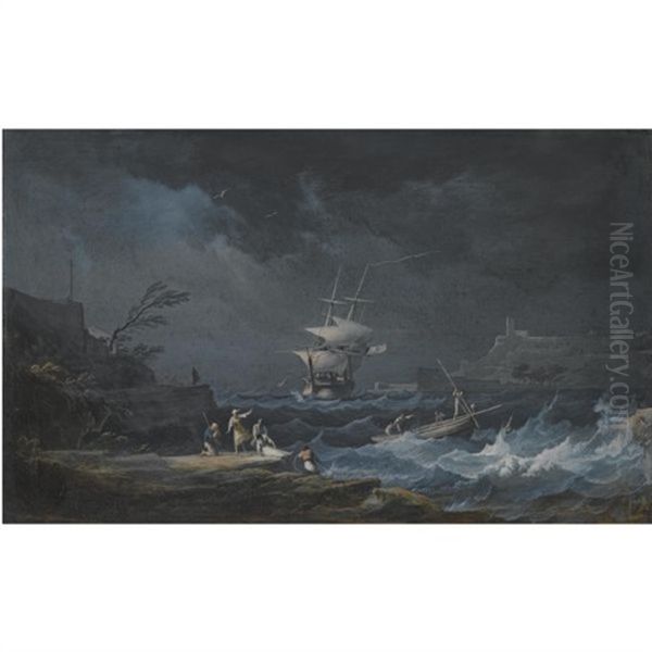 A Shipwreck At Nighttime Off A Rocky Mediterranean Coast Oil Painting by Noel, Alexandre Jean