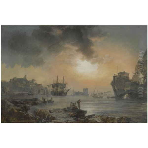 A Harbour Scene With Figures Cavorting In The Foreground And Ships Docking Beyond Oil Painting by Noel, Alexandre Jean