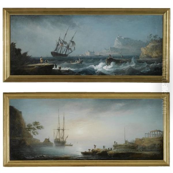 A Stormy Mediterranean Coastal Scene With Distressed Fishermen In The Foreground (+ A Calm Mediterranean Coastal Scene With Fishermen Unloading Their Catch; Pair) Oil Painting by Noel, Alexandre Jean