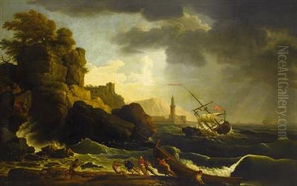 Mediterranean Harbor With Fishermen Pulling A Boat To Shore Oil Painting by Noel, Alexandre Jean