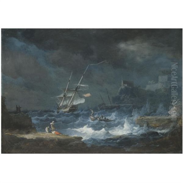 A Coastal Scene With Ships Weathering A Storm Oil Painting by Noel, Alexandre Jean
