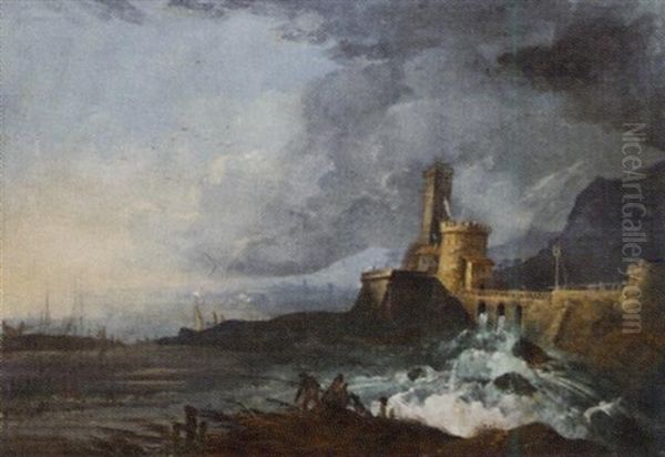 An Estuary With A Ford, Two Fishermen In The Foreground Oil Painting by Noel, Alexandre Jean