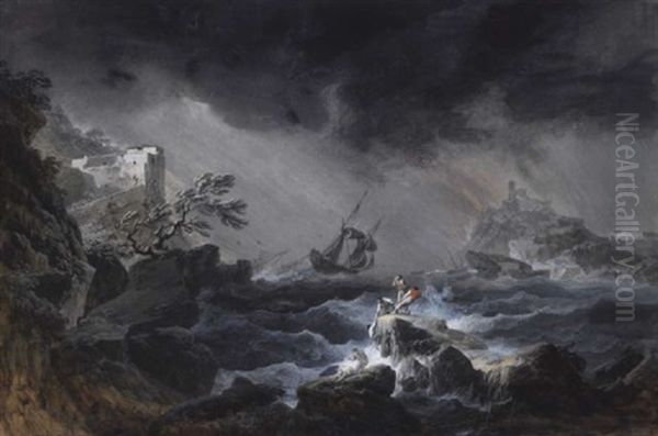 Schiffe Im Seesturm Vor Einer Sudlichen Felsenkuste Oil Painting by Noel, Alexandre Jean