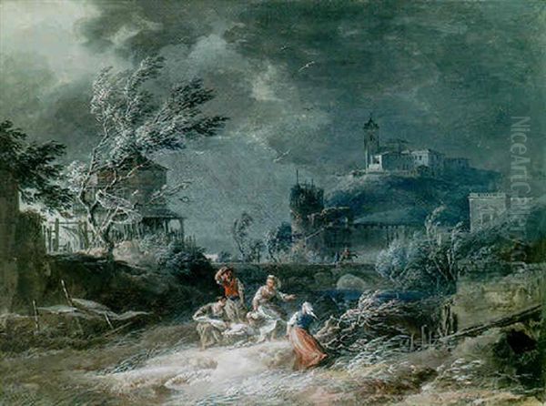 Washerwomen Surprised By A Storm Outside The Walls Of A City Dominated By A Castle Oil Painting by Noel, Alexandre Jean