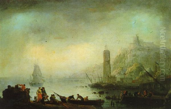 Sudliche Kustenlandschaft Mit Leuchtturm Und Fischern Oil Painting by Noel, Alexandre Jean