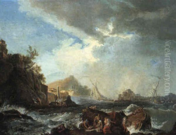 Ships Foundering Off A Rocky Coast Oil Painting by Noel, Alexandre Jean