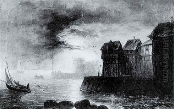 Un Port Au Clair De Lune Oil Painting by Alphonse Leon Noel