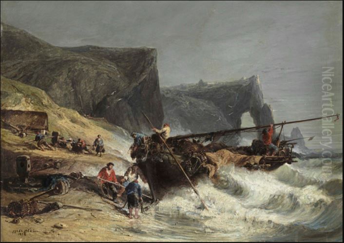 Fishermen Bringing In A Boat Oil Painting by Jules Achille Noel