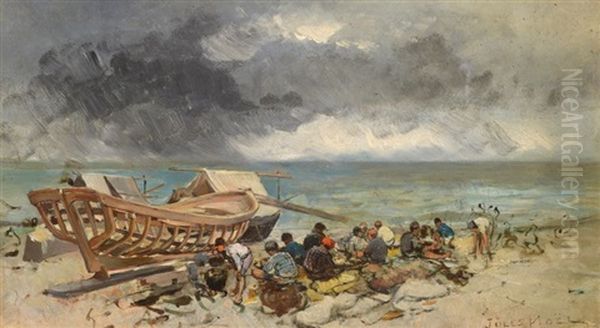 Personnages Sur La Plage, Pres D'une Coque De Bateau Oil Painting by Jules Achille Noel