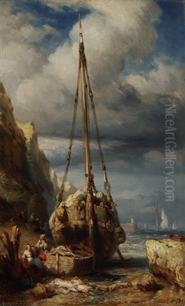 Segelschiff Am Strand Mit Abgeladenen Waren Oil Painting by Jules Achille Noel