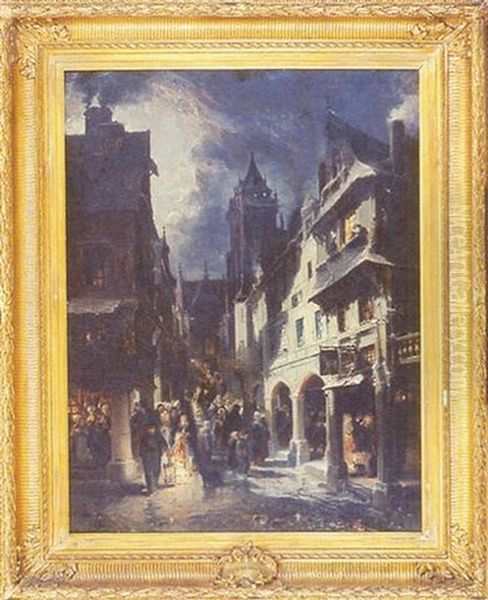 Sortie De Messe De Minuit A Morlaix Oil Painting by Jules Achille Noel