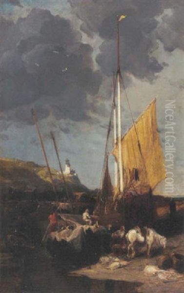 Le Dechargement Des Poissons Pres De Dieppe Oil Painting by Jules Achille Noel